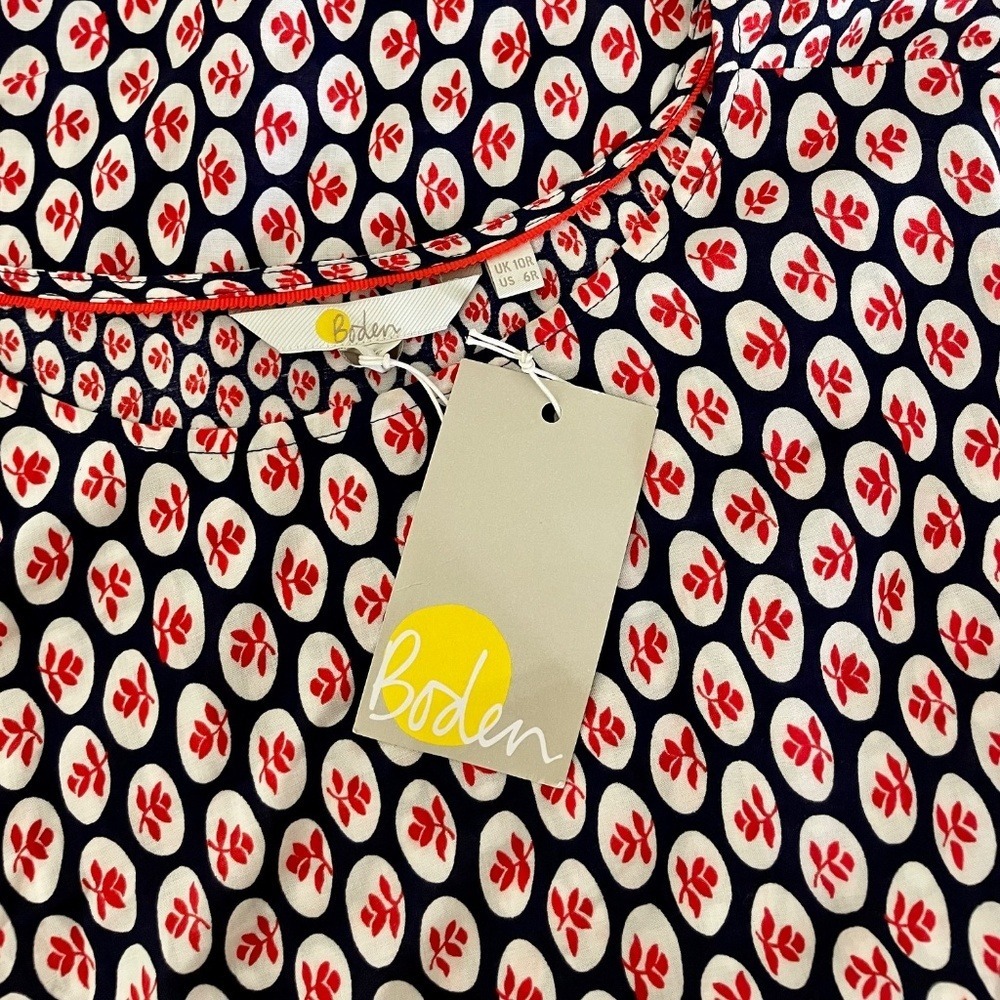 NWT!! BODEN Edna Tunic Top Retro Floral Navy Blue Red Preppy Polka Dot Size 6 - Picture 9 of 12